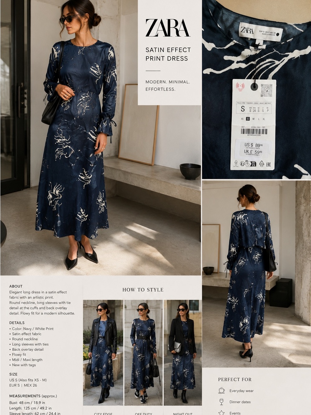 Zara Satin Effect Abstract Print Maxi Dress – Navy Blue – Size S – NWT